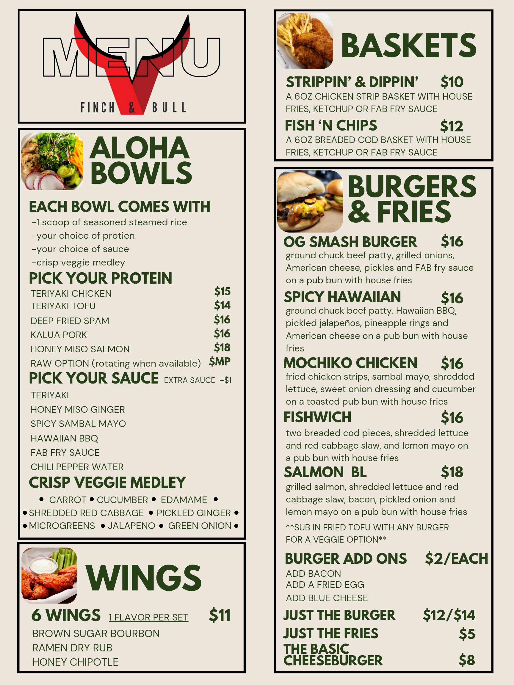 A menu of food from the Finch and Bull Food Truck.